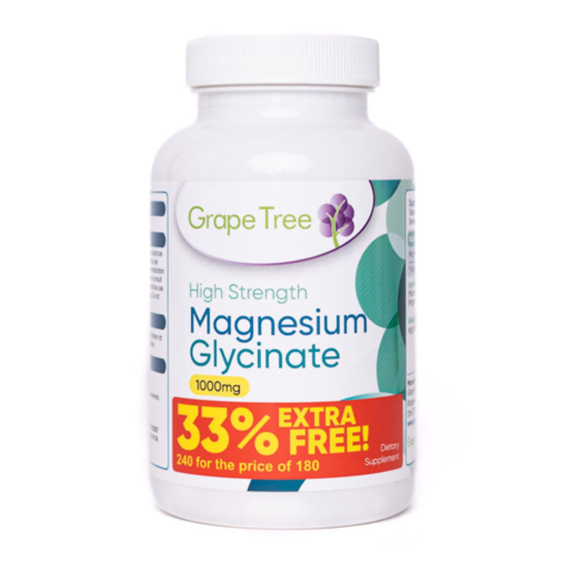 Grape Tree Magnesium Glycinate 1000mg Supplements 240 Vegan Tablets with 140mg of Elemental. High Strength Magnesium Supplements. Easy to Digest Tablets for Sleep and Energy.