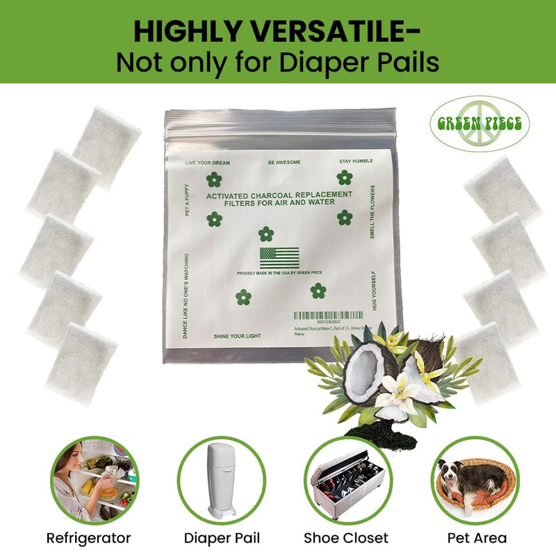 [Australia] - Green Piece® 24 Pack Overstuffed All-Natural Diaper Pail Deodorizer | Activated Charcoal Air Purifier Compatible with Diaper Pails, Shoe Closets, Trash Cans, Pets - Made in The USA by Green Piece 24 Count (Pack of 1) 