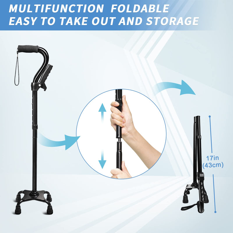 [Australia] - Adjustable Walking Cane for Men & Women with 4-Pronged Base for Extra Stability - Foldable Cane for Seniors with Foam Padded Offset Handle for Soft Grip & a Second Handle for Standing Black 