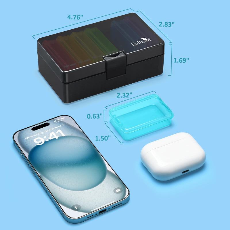 Fullicon Portable Travel Pill Organizer, One Time a Day, Black Rainbow | Each Compartment Holds 6 Fish Oils, 10 Vitamins, or 9 Capsules, Easy Fill, Secure Lock, Durable Buckle, Labels Included
