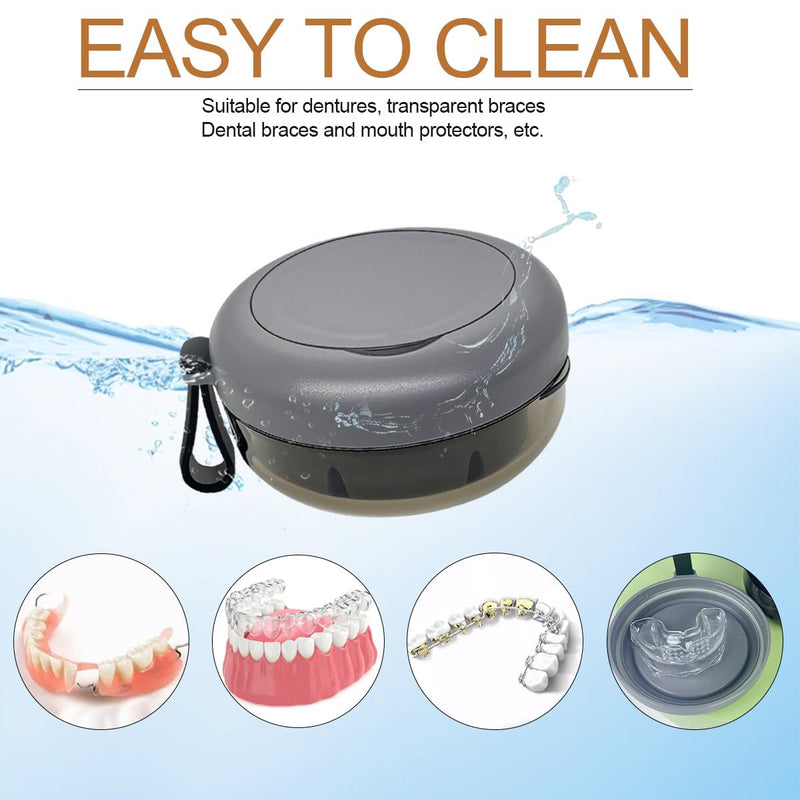 [Australia] - Denture Case, Portable Denture Bath Case, No-Leak Denture Bath Box with Strainer & Mirror (Grey) Grey 