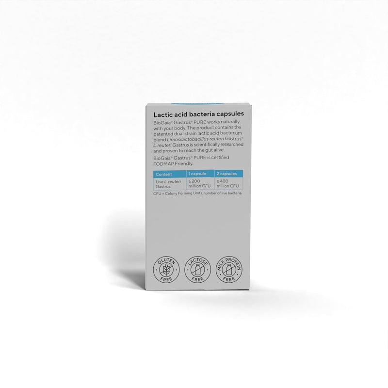 BioGaia Gastrus Pure Probiotics for Gut Health | Dual Strain Patented L. reuteri | Certified FODMAP Friendly for Sensitive Stomachs | No Artificial Sweenters | 60 Capsules