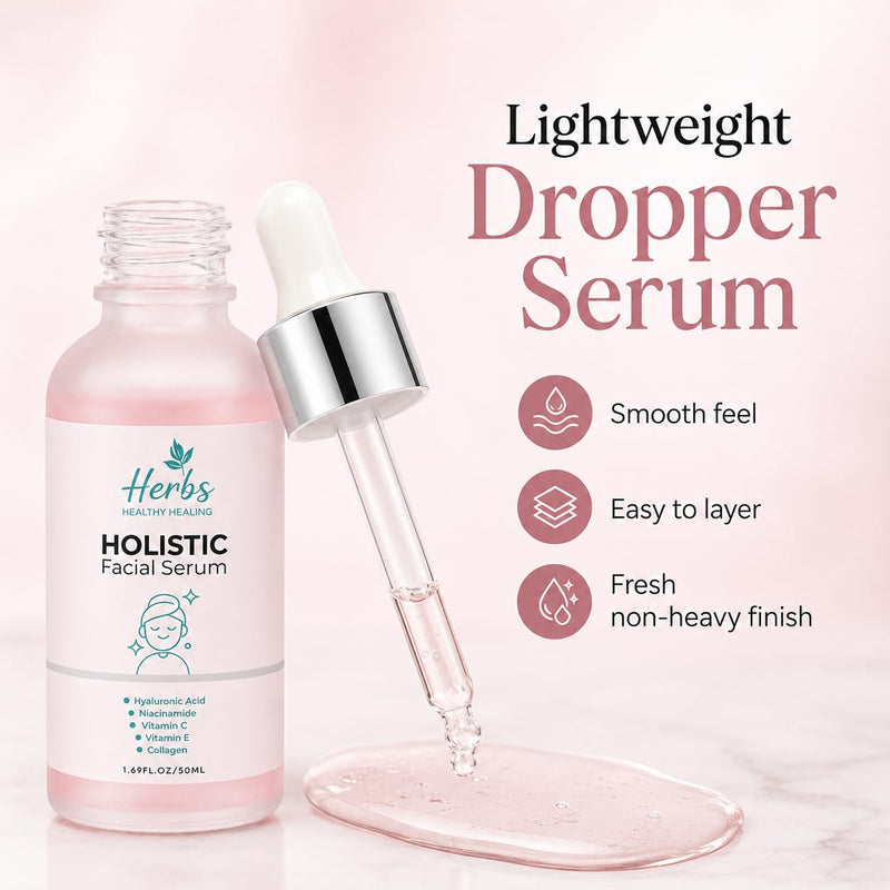 Herbs Healthy Healing Holistic Facial Serum for Face, Hydrating Face Serum with Hyaluronic Acid, Niacinamide, Vitamin C & E, Collagen, Lightweight Dropper Serum, 1.69 fl oz / 50 ml