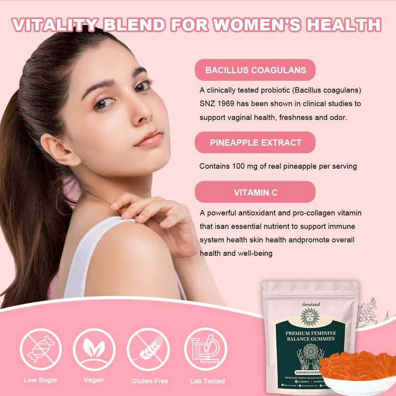 Feminine Balance Gummies for Women's Health, Premium Balance Gummies for pH Balance & Immune Support, Vegan & Low Sugar-Hawaiian Pineapple Flavor-60 Gummies