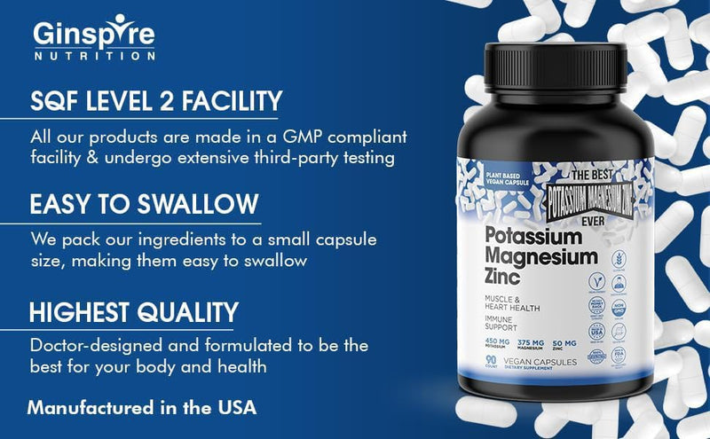 [Australia] - Magnesium Potassium Supplements w/Zinc - 90 Capsules - Magnesium Potassium Zinc for Vascular Health – High Absorption Vegan Potassium Magnesium Supplement for Leg Cramps & Sleep 90 Count (Pack of 1) 
