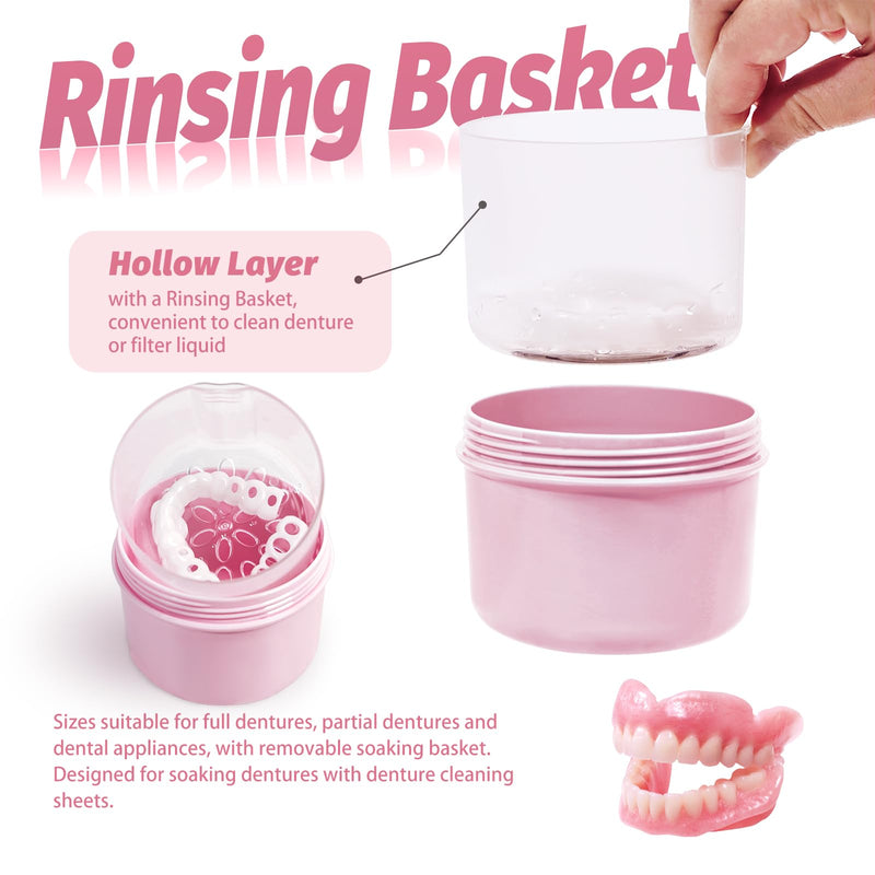 [Australia] - Denture Bath Case Cup Box Holder Storage Soak Container with Strainer Basket for Home or Travel Denture Cleaning (pink) pink 