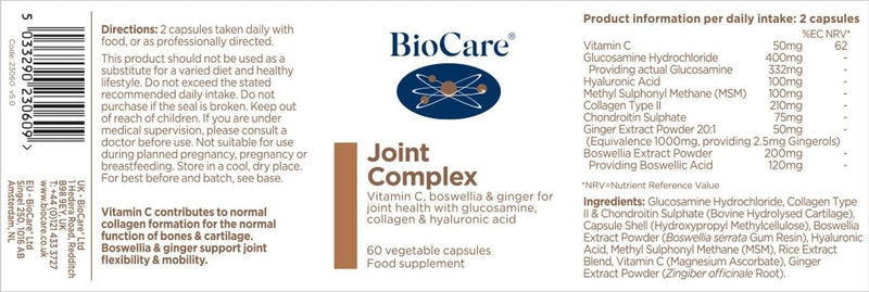 BioCare Joint Complex - Vitamin C for Collagen, Cartilage, Bone & Immune Support - with Glucosamine, Chondroitin, MSM, Type II Collagen, Hyaluronic Acid, Boswellia & Ginger - 60 Capsules