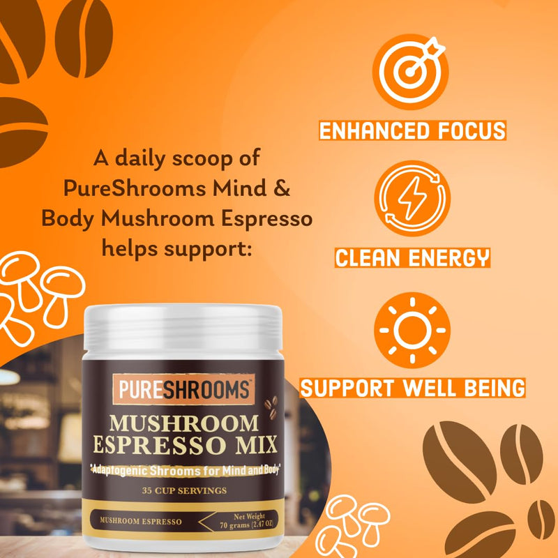 [Australia] - PureShrooms Instant Mushroom Espresso Blend - Organic Adaptogenic Coffee with Lion's Mane, Reishi, Cordyceps - Arabica & Robusta Blend, 70g - Mental Clarity & Physical Boost, 35 Servings 