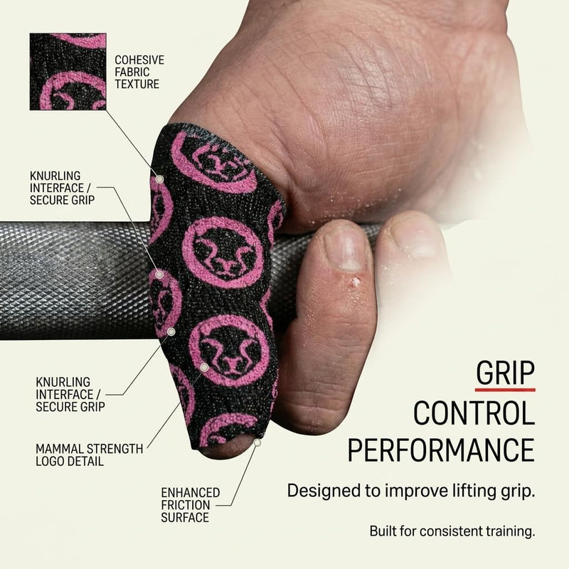 Mammal Strength Thumb Tape 5M / 10M Rolls - Super Sticky & Stretchy Weightlifting Tape for Cross Fit, Olympic Lifting - Flexible & Easily Tearable Hook Grip Tape 10 Metre 2.0 Black/Pink