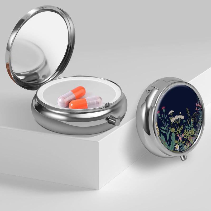 Mini Pill Box, Small Pill Box, Cute Pill Organizer for Vitamins, Medications, Fish Oil and Supplements (Black Flowers) Black Flowers
