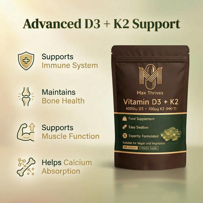 Vegan Vitamin D3 K2 Softgels 4000IU, 6 Months Supply, Olive Oil Based Lichen Sourced D3 and K2 Vitamin Complex, High Strength Vitamin D with K2, D3 Vitamin Supplements, 180 Count - Max Thrives