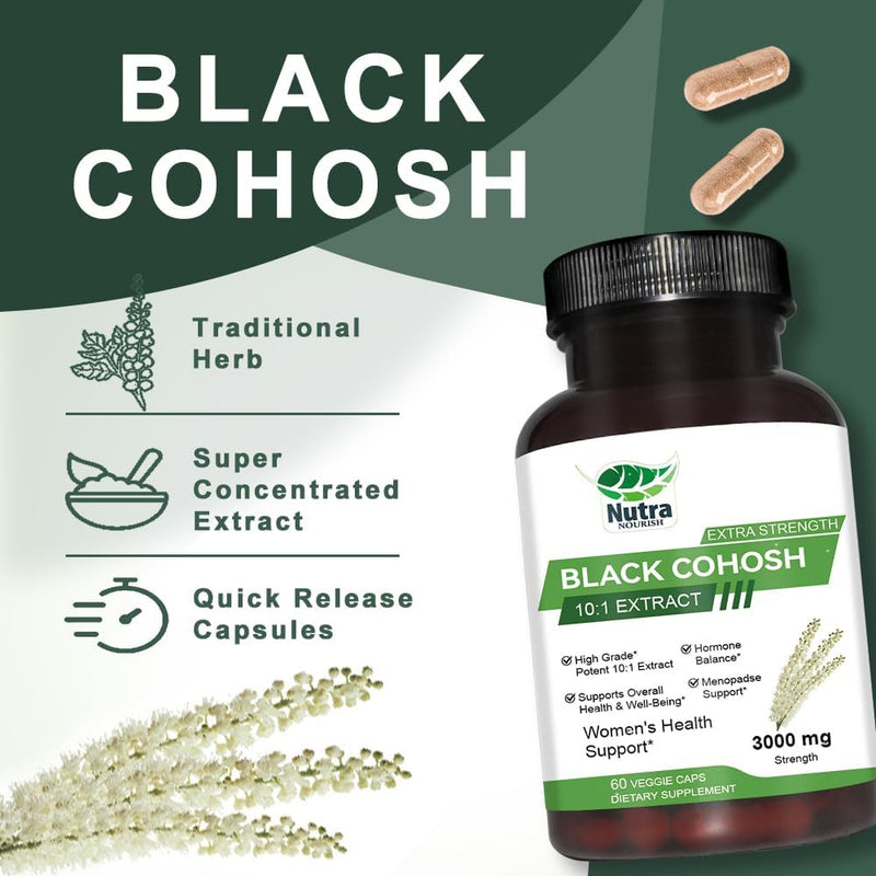 [Australia] - Black Cohosh Capsules,3000mg Strength,Black Cohosh Supplements for Women Menopause Hot Flashes,Non-GMO,60 Vegetarian Capsules 