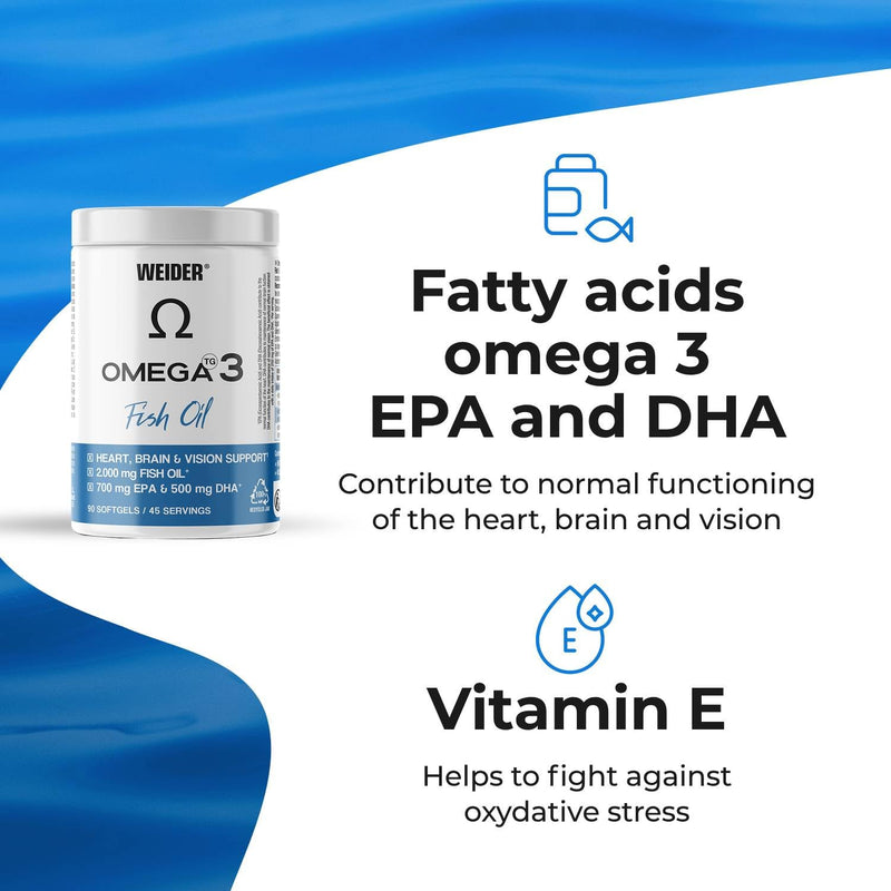 Weider Omega 3 (90 Softgels) with Fatty Acids EPA and DHA, Vitamin E, Support the Normal Functioning of the Heart, Brain and Vision Fish 90 softgels