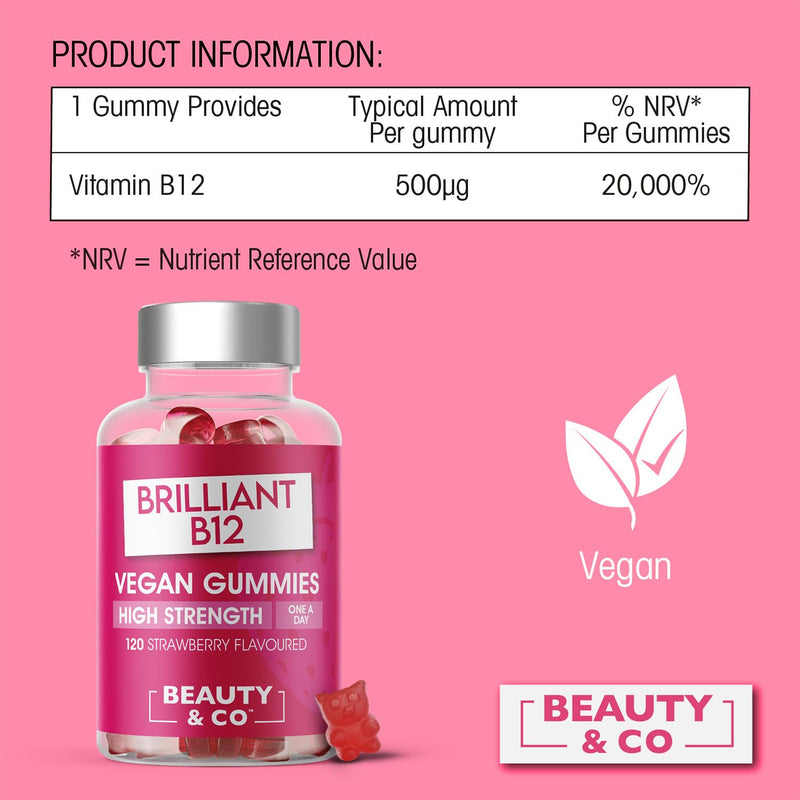 B12 Gummies - Beauty & Co Vegan High Strength Strawberry Flavour Vitamins 120 Gummies (Pack of 1)