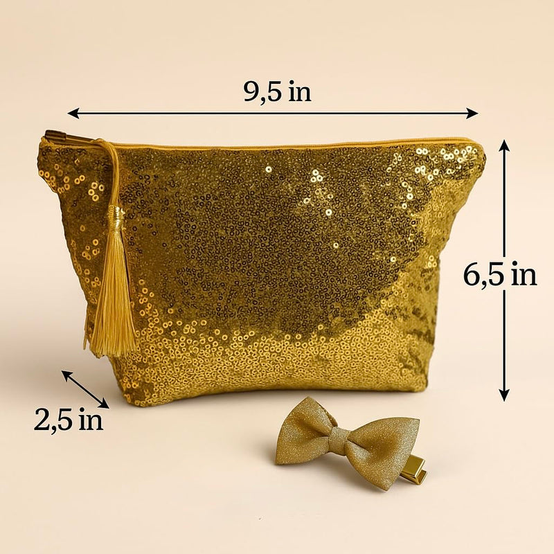 Luxury Handmade Gold Sequin Cosmetic Bag with Tassel, Waterproof Lining, Hair Clip Included