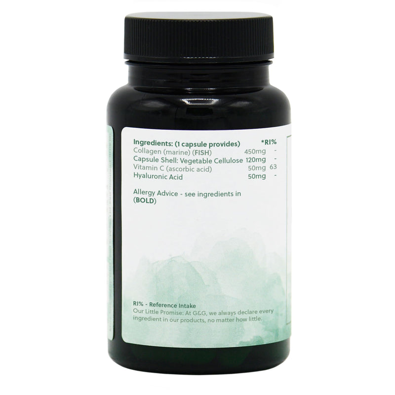 Beauty Collagen Supplement with Hyaluronic Acid - Hydrolysed Marine Collagen - 60 Capsules - Non-GMO, Made in the UK - G&G Vitamins