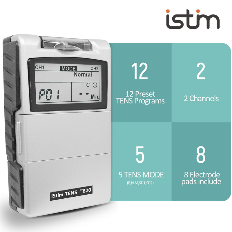 iStim Tens Unit Stimulator Machine - EV820 with 8 Electrodes Japanese Gel for Pain Management, Back Pain and Rehabilitation