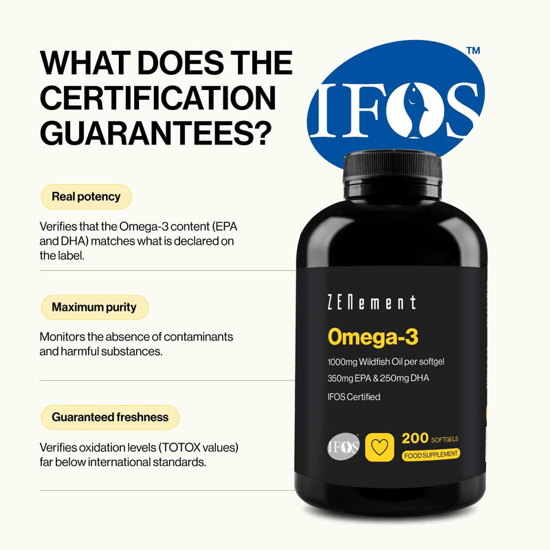 Omega 3 IFOS – 2000 mg (EPA 700 mg + DHA 500 mg) per Daily Dose (2 Softgels) – Supports Normal Triglyceride Levels – with Natural Vitamin E Antioxidant – Zenement