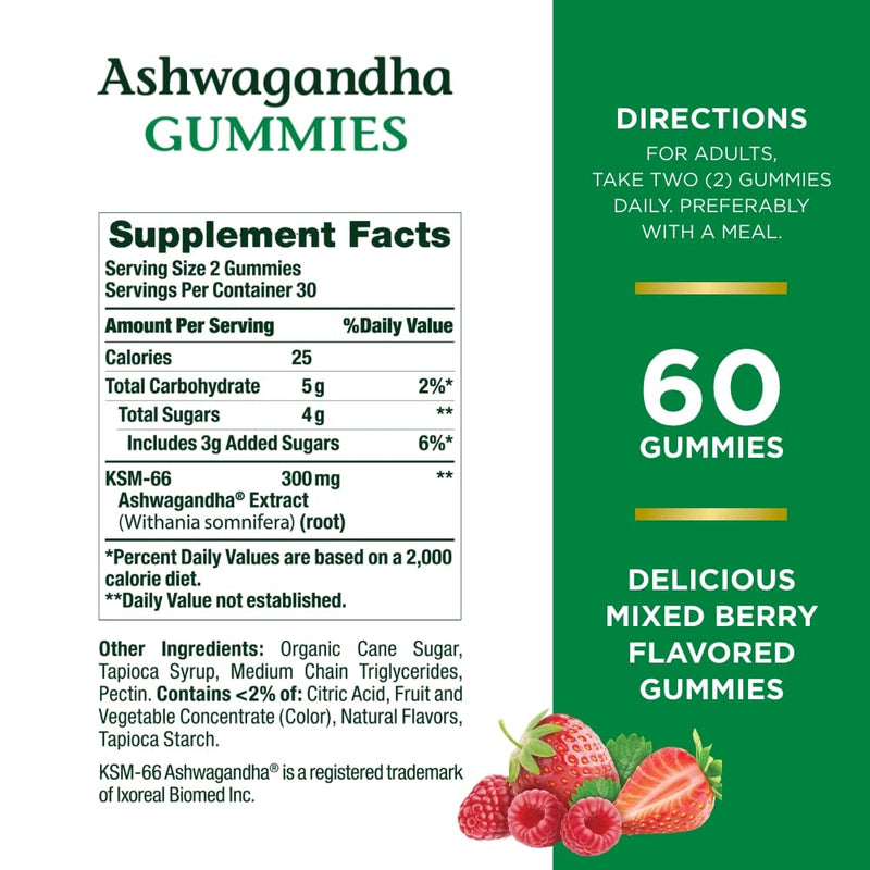 [Australia] - Nature's Bounty Ashwagandha Gummies, 300mg KSM-66 Ashwagandha Extract, Mixed Berry, 60 Gummies None Applicable 60 Count (Pack of 1) 