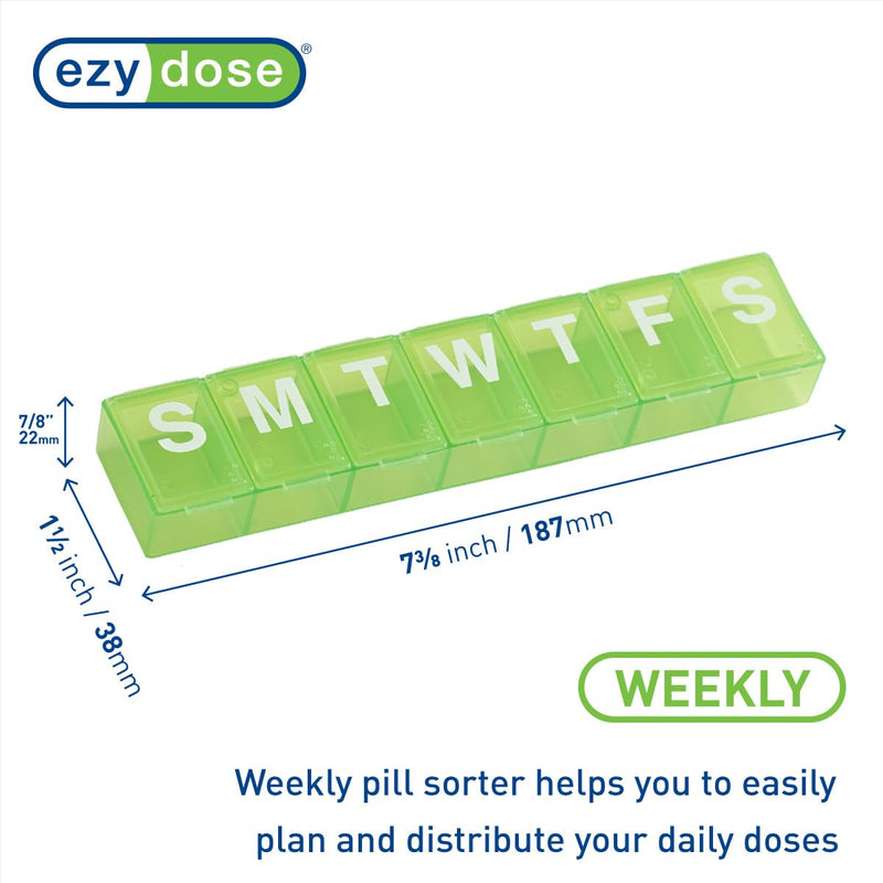 EZY DOSE Weekly (7-Day) Pill Case, Medicine Planner, Vitamin Organizer Box, Convenient and Easy to Use, X-Large Compartments, Travel Friendly, Color May Vary (Randomly Selected), BPA Free Green, Purple, Blue Or Black X-Large 7.4"x1.5"x0.9"
