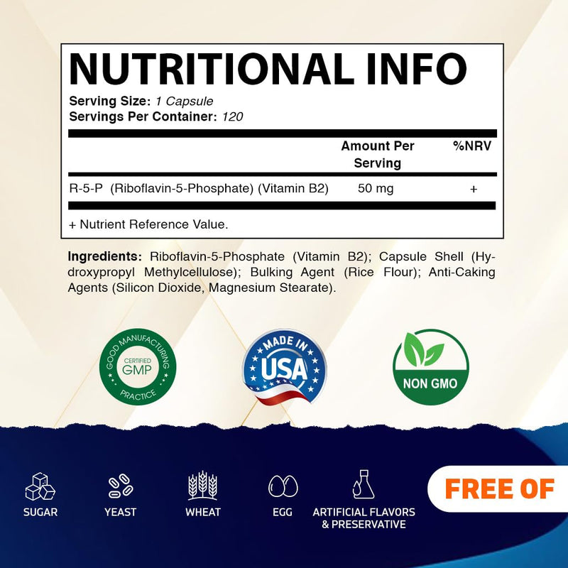 Vitamatic R-5-P Riboflavin-5-Phosphate (Vitamin B2) 50 mg | 120 Capsules | High Potency, Easy-to-Swallow Vegetarian Capsules