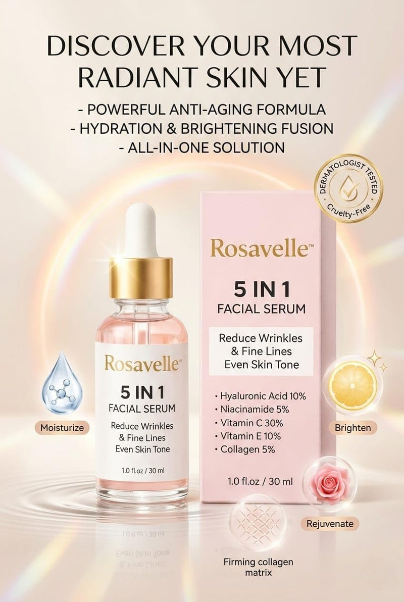 5 in 1 Facial Serum for Glowing Skin | Hyaluronic Acid 10%, Vitamin C 30%, Niacinamide 5%, Vitamin E 10%, Collagen 5% | Anti Aging Serum for Wrinkles, Fine Lines & Even Skin Tone | 30ml
