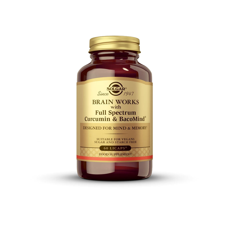Solgar Brain Works with Full Spectrum Curcumin & BacoMind - Mind and Memory Vitamines - Choline Supplement - Supports Focus & Mental Performance - Gluten Free - Vegan Capsules - Pack of 60