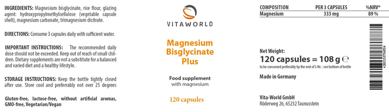 Vita world Magnesium bisglycinate Plus l 120 Capsules l 333 mg Pure Magnesium per dose l Vegan l high bioavailability
