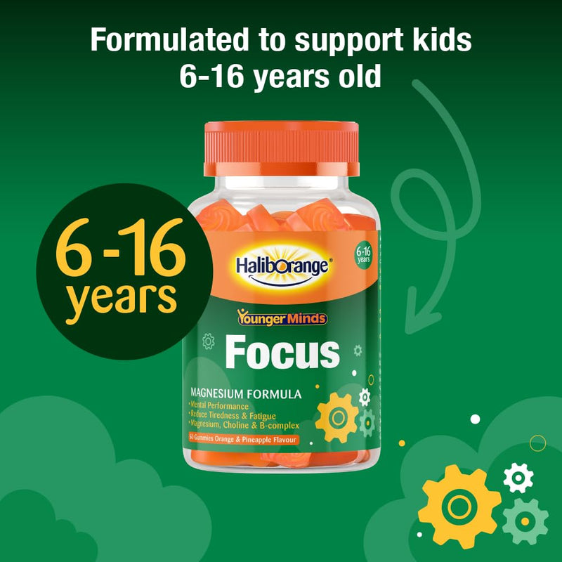 Haliborange YoungerMinds Focus Gummies for Kids 6-16 | Sugar-Free Brain Support with Magnesium, Choline & B-Vitamin Complex | Boosts Focus, Energy & Mental Performance – 60 Gummies