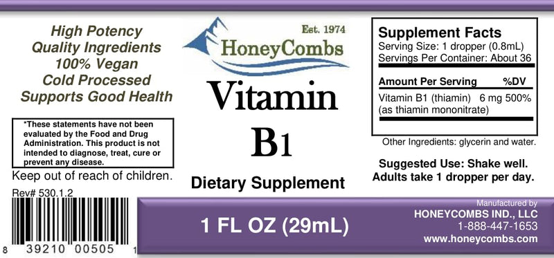 HoneyCombs Vitamin B2 (Riboflavin) Drops - 1 Fl Oz + Vitamin B1 (Thiamine) Drops- 1 Fl oz