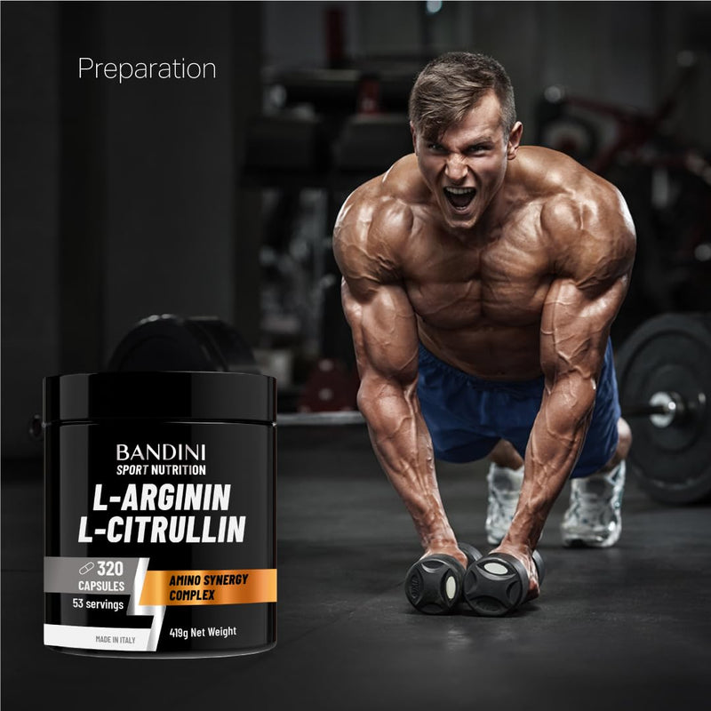 Bandini® L-Arginine + L-Citrulline 320 Capsules (1100 mg per Capsule), Arginine + Citrulline Malate Complex High Strength for Pre-Workout, Gym, Endurance, Muscle Recovery, Semi-Essential Amino Acids