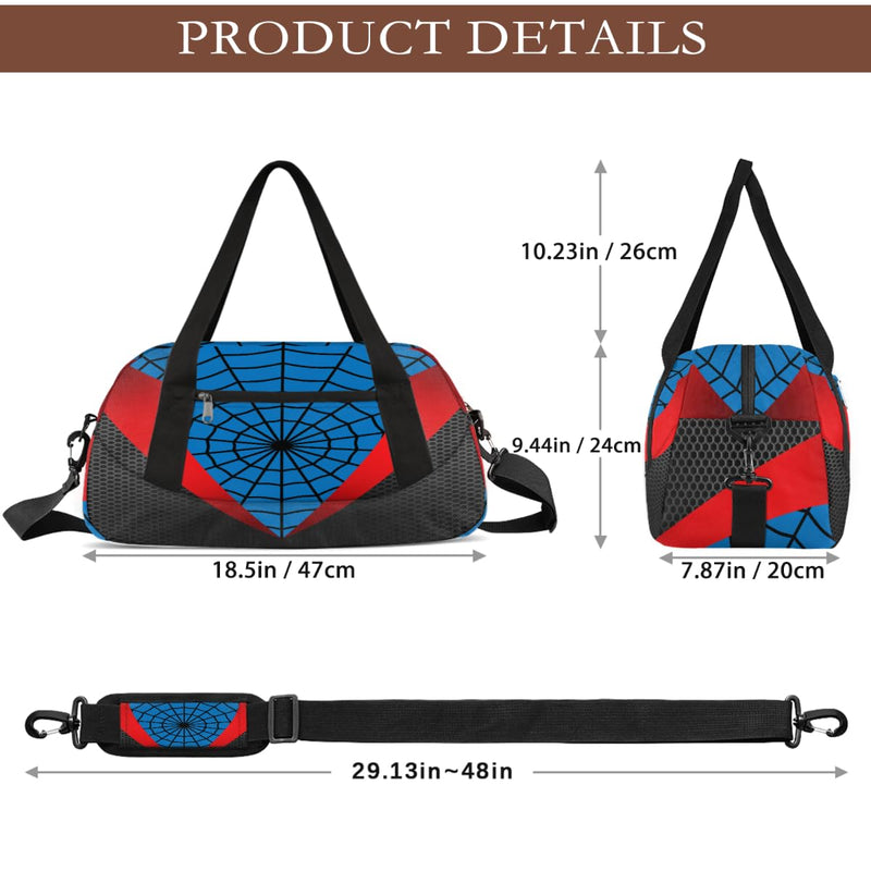 Gym Travel Duffle Bag for Boys - Blue Red Spider Web Kids Overnighter Weekend Bag with Front Zipper Pocket for School Practice, Teens Carry-On Size Sleepover Bags Blue-Red Spider Web