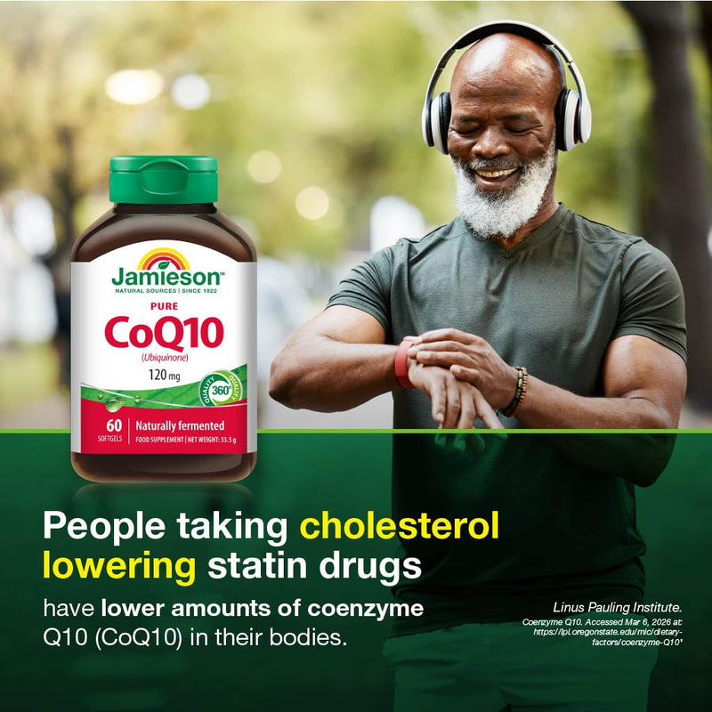 Jamieson CoQ10 120mg, Pure, Ubiquinone, Naturally Fermented, Gluten-Free, Lactose-Free, No Artificial Colours, Flavours or preservatives, 60 Softgels