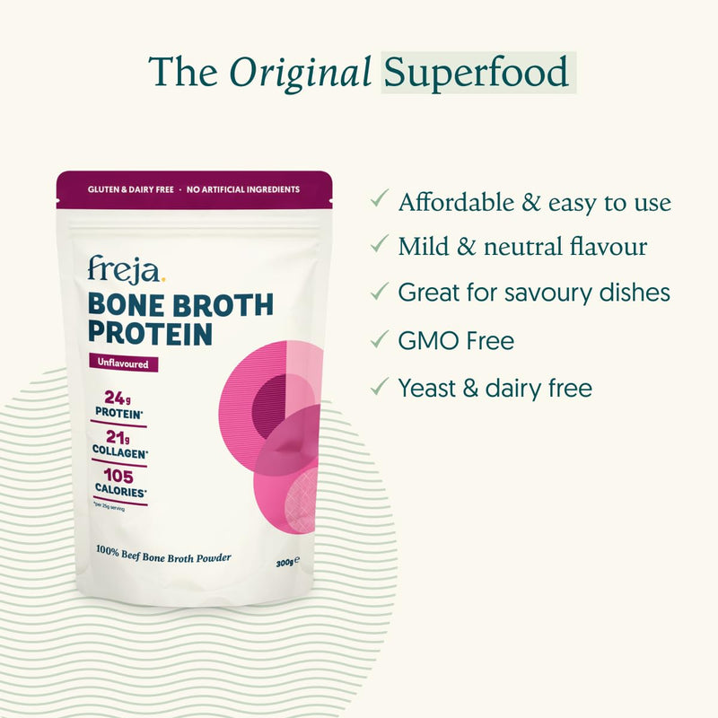 Freja Bone Broth Powder | 100% Natural Collagen & Protein Powder | Pure Beef, Grass-Fed | Amino Acids & Minerals | Nutrition for Healthy Gut, Skin, Hair & Nails | 300g (15 Servings)