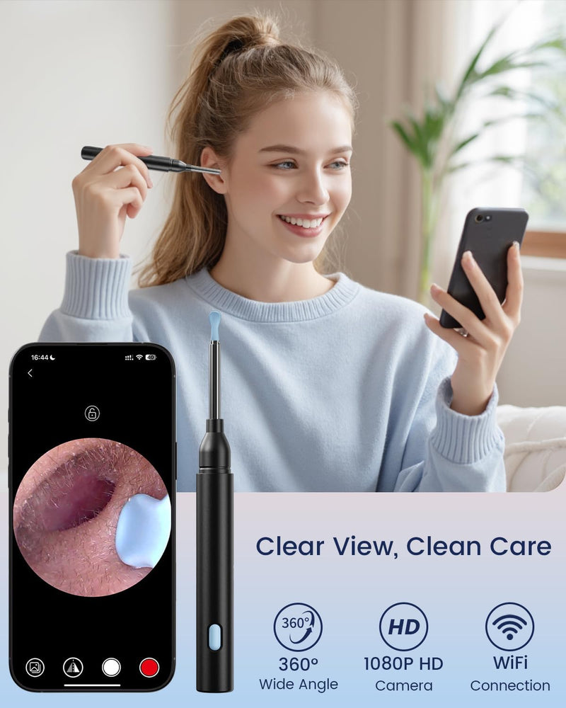 [Australia] - Ear Wax Removal, Ear Cleaner Camera with 1080P, Ear Cleaning Kit with 6 Ear Pick, Ear Camera for iPhone, iPad, Android Phones, with 8 Pcs Ear Set Black 