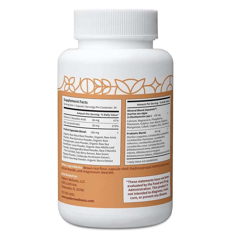 Pattern Wellness Zinc Complex Supplement – 30 Vegan Capsules | Supports Immune, Skin & Digestive Health – High Absorption Zinc with Vitamin C, Probiotics & Natural Blends 30 Count (Pack of 1)
