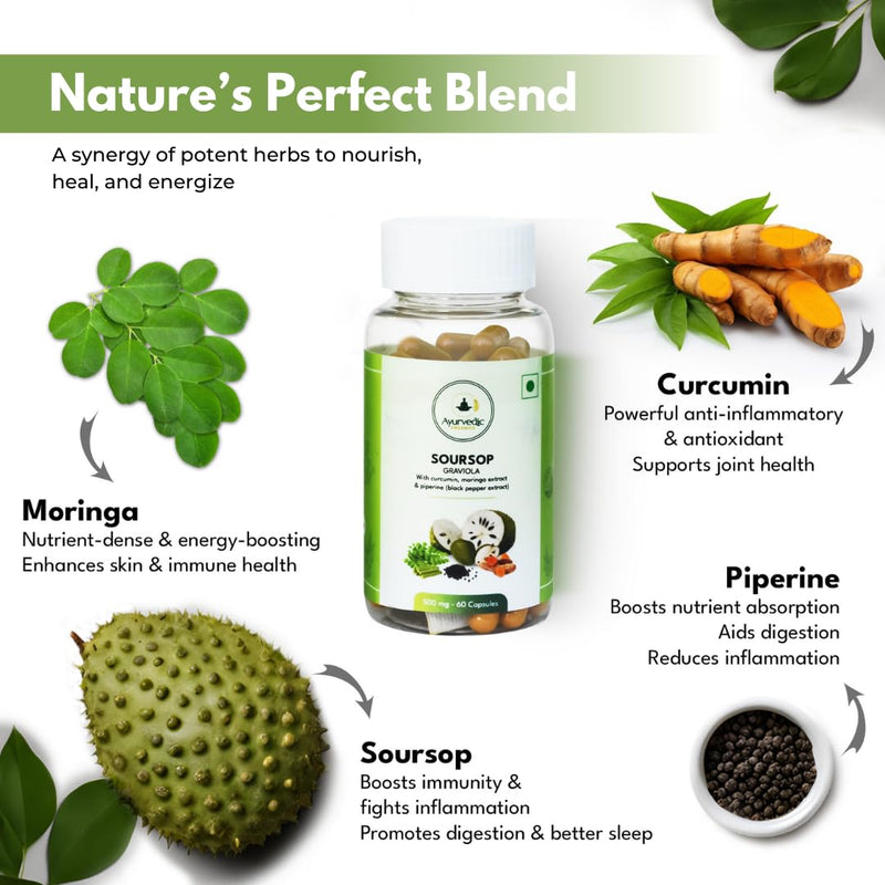 Soursop 500mg Capsules with Curcumin, Moringa & Black Pepper – 60 Graviola Capsules | High in Vitamic C and Flavonoids, Antioxidant Plant Based Herbal Supplement for Immune Support