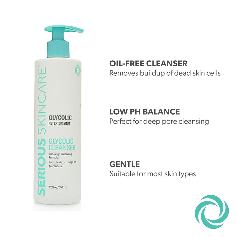 Serious Skincare Glycolic Cleanser - Skin Exfoliating Face Wash - 10% Glycolic Acid - Deep Pore Purifying - Removes Makeup, Oil, Blackheads and Impurities - Shave Prep - Anti-Aging 12 Fl. Oz. 12 Fl Oz (Pack of 1)