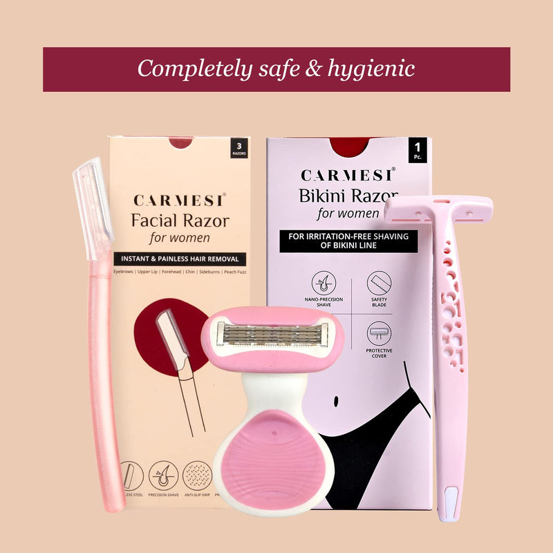 [Australia] - Carmesi Full-Body Shaving Combo with 3 Facial Razors + 1 Body Mini Razor + 1 Bikini Razor | Painless & Precision Face Hair Removal | Prevents Nicks & Cuts | for Smooth Shave | (5 Count) 