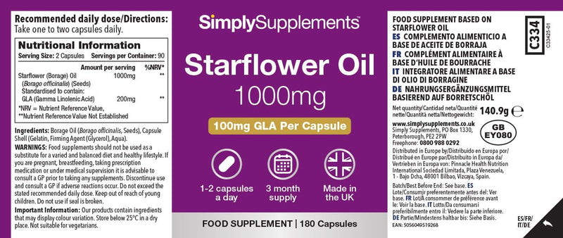 Starflower Oil 1000mg | High Strength Borage Oil Softgels with GLA | 180 Softgels | Cold-Pressed | Made in The UK Unflavoured 1 count (pack of 180)