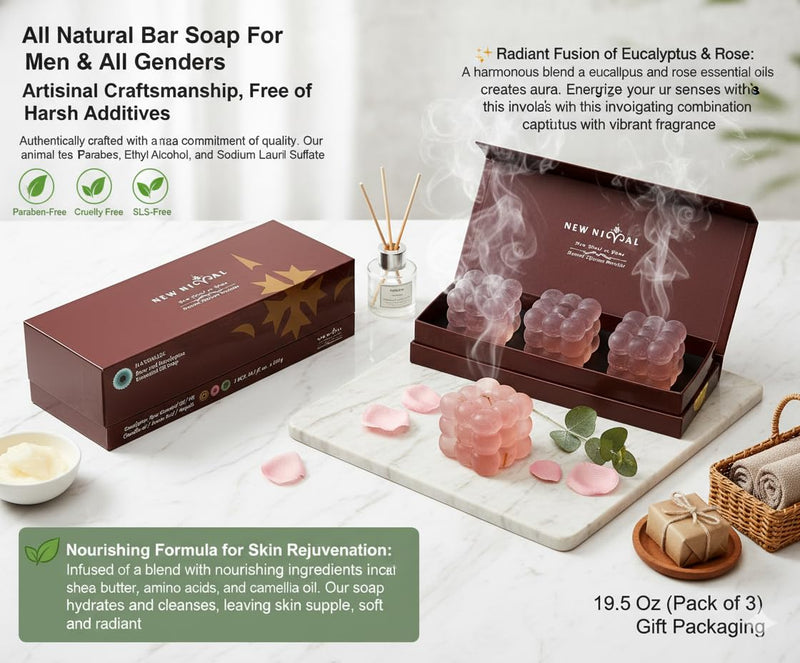 All Natural Bar Soap,Enriched with Eucalyptus & Rose Essential Oil,Vitamin E,Camellia Oil,and Amino Acids.Radiance for All Genders.Gift Packaging.19.5 Oz (Pack of 3) Rose+Eucalyptus Essential Oil