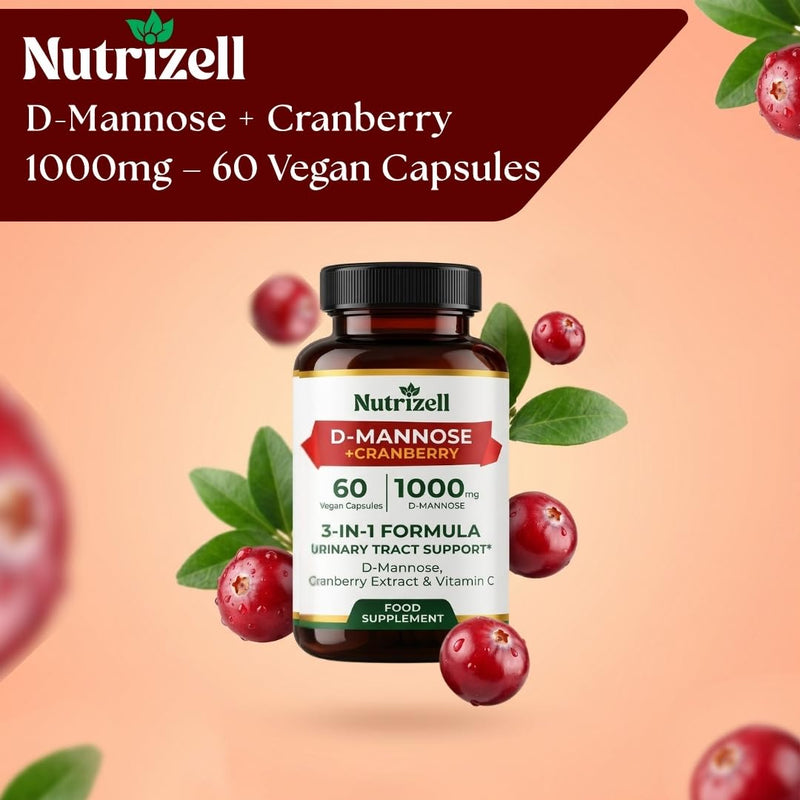 D-Mannose Cranberry 1000mg – 60 Vegan Capsules | 3-in-1 Formula with Vitamin C | Urinary Tract Support Supplement for Women & Men