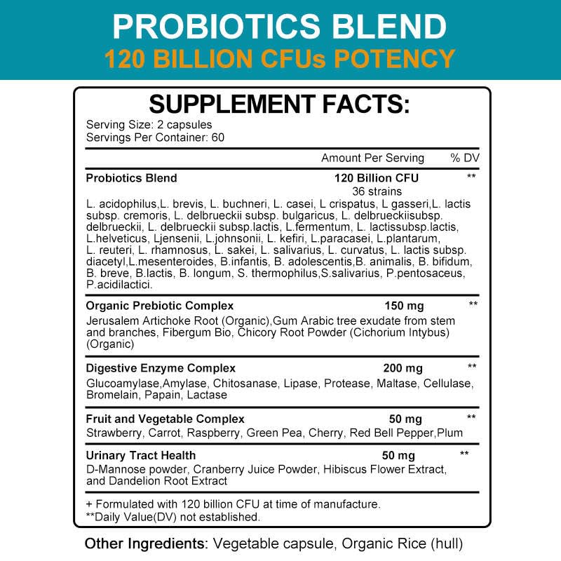 ReviveWell Advanced 120 Billion CFUs ProBiotics + PreBiotics + Enzymes - Boost Gut Health, Digestion, and Urinary Tract - Organic Fruit & Veg Complex - 120 SoftGels 2-Month Supply