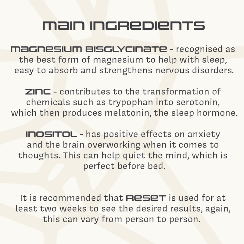 Reset, Sleep Aid Supplement, Magnesium Bisglycinate, Inositol, Pantothenic Acid, Zinc and Vitamin B6, Sleep Supplements for Adults, Deep Sleep, Sleeping Tablets, 60 Capsules