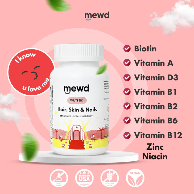 MEWD Teen and Kids Hair, Skin & Nails Support Multivitamin Gummies - Biotin Strength & Growth with Zinc, Vitamins A, D3, B1, B2, B6 & B12 - Gluten-Free, Non-GMO for Girls & Boys - 60 Count - USA Made