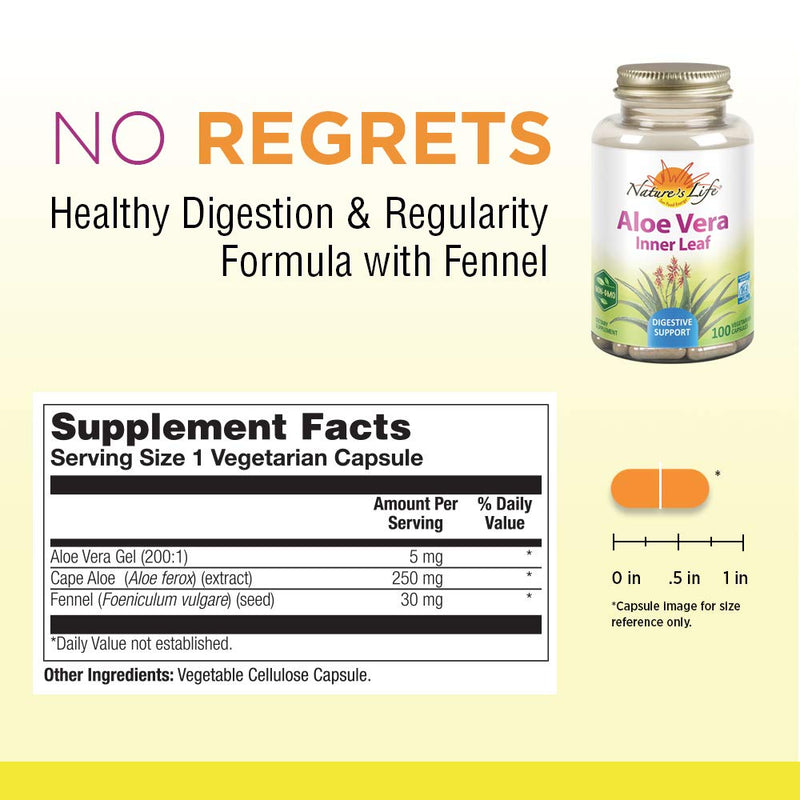 [Australia] - Nature's Life Aloe Vera Inner Leaf | Skin Health, Digestive Support & Regularity Formula | with Fennel | Non-GMO & Vegan | No Fillers | 100 Veg Caps 