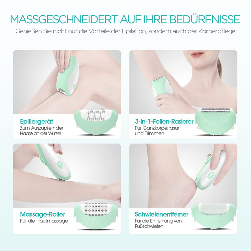 [Australia] - VOGOE Women's Epilator for Hair Removal, Body Epilator 4 in 1 Electric Wireless, 21 Tweezers for Face Legs Arms Bikini, HR310 Green 
