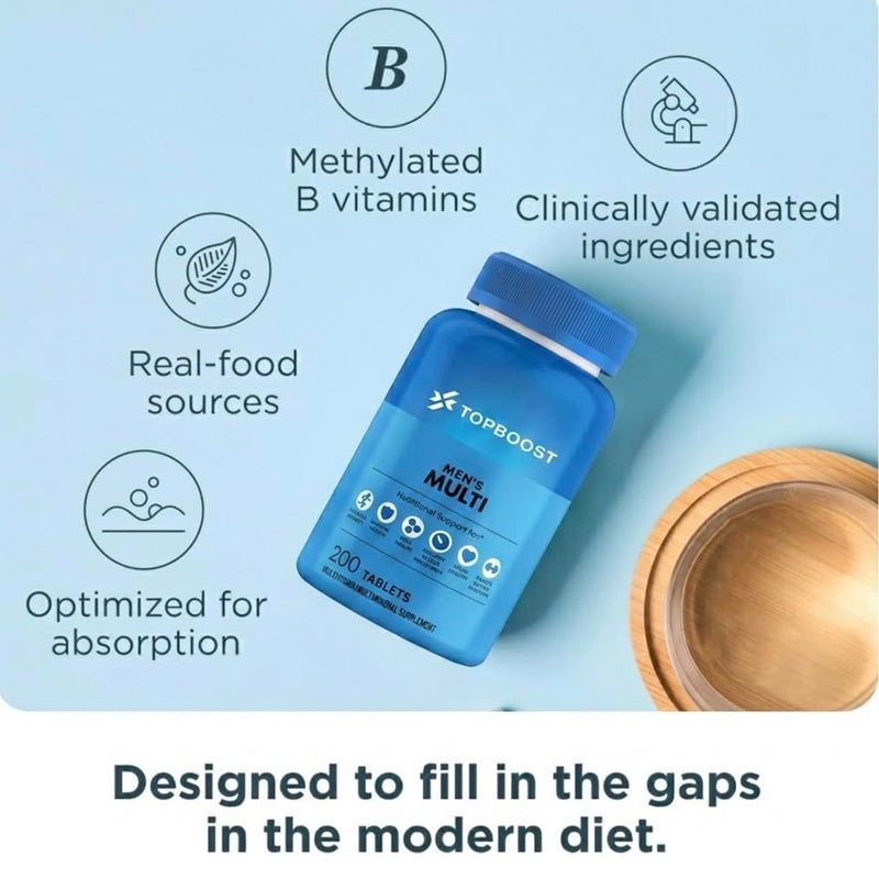 Topboost Multivitamin for Men - 200 Vegan Tablets, 19+ Active Daily Mens Multivitamins with Vitamin D, Zinc, Folic Acid, and B Vitamins, Physical Energy Support, 200 Count