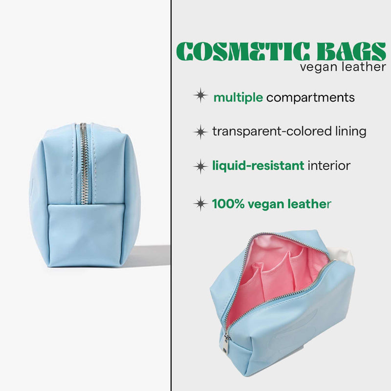 SARELLY, Mini Makeup Bag, Blue Vegan Leather with Compartments, Leak-proof, Sarelly Creativo Lab Baby Blue