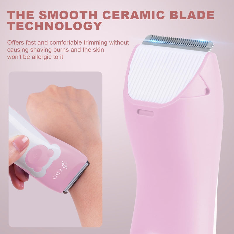 FBO Bikini Trimmer & Adult Painless Electric Shaver,Baby Hair Clippers Kit,Infant Kids Multipurpose Hair Trimmer-Quiet,Cordless,Waterproof,Rechargeable,Sharp Durable,with Ceramic Blades,Pink Pink